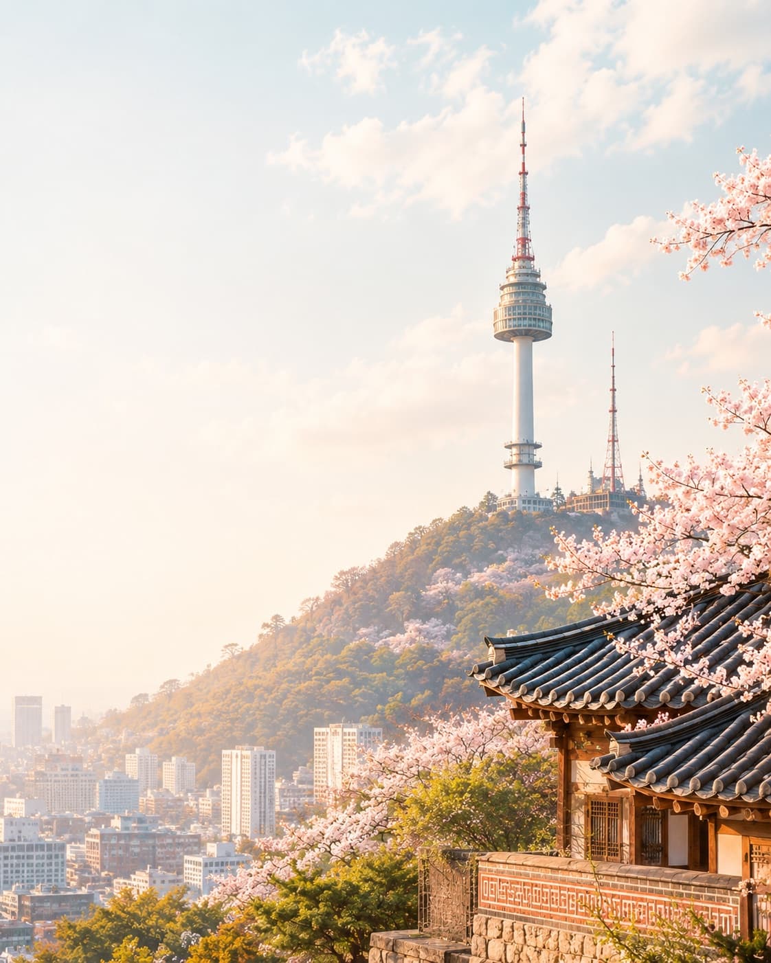 N Seoul Tower with cherry blossoms and traditional hanok rooftops