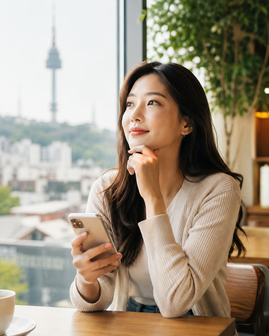 A traveler with a phone gazing at the Seoul skyline from a cafe